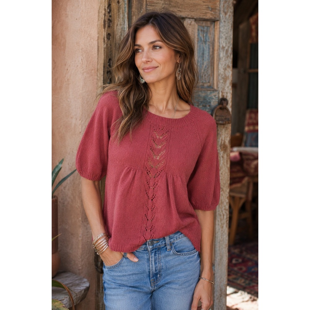 Anthropologie Sparrow Raspberry Pink Pointelle Knit Short Sleeve Sweater XL
